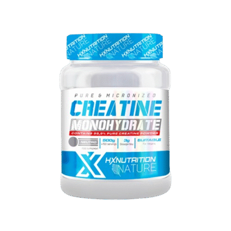 Pot de créatine monohydrate HX NUTRITION de 300 grammes, complément alimentaire pour la performance sportive, présenté dans un emballage noir avec des accents rouges et blancs. Souhaitez-vous également une description plus longue pour la fiche produit ou les spécifications techniques